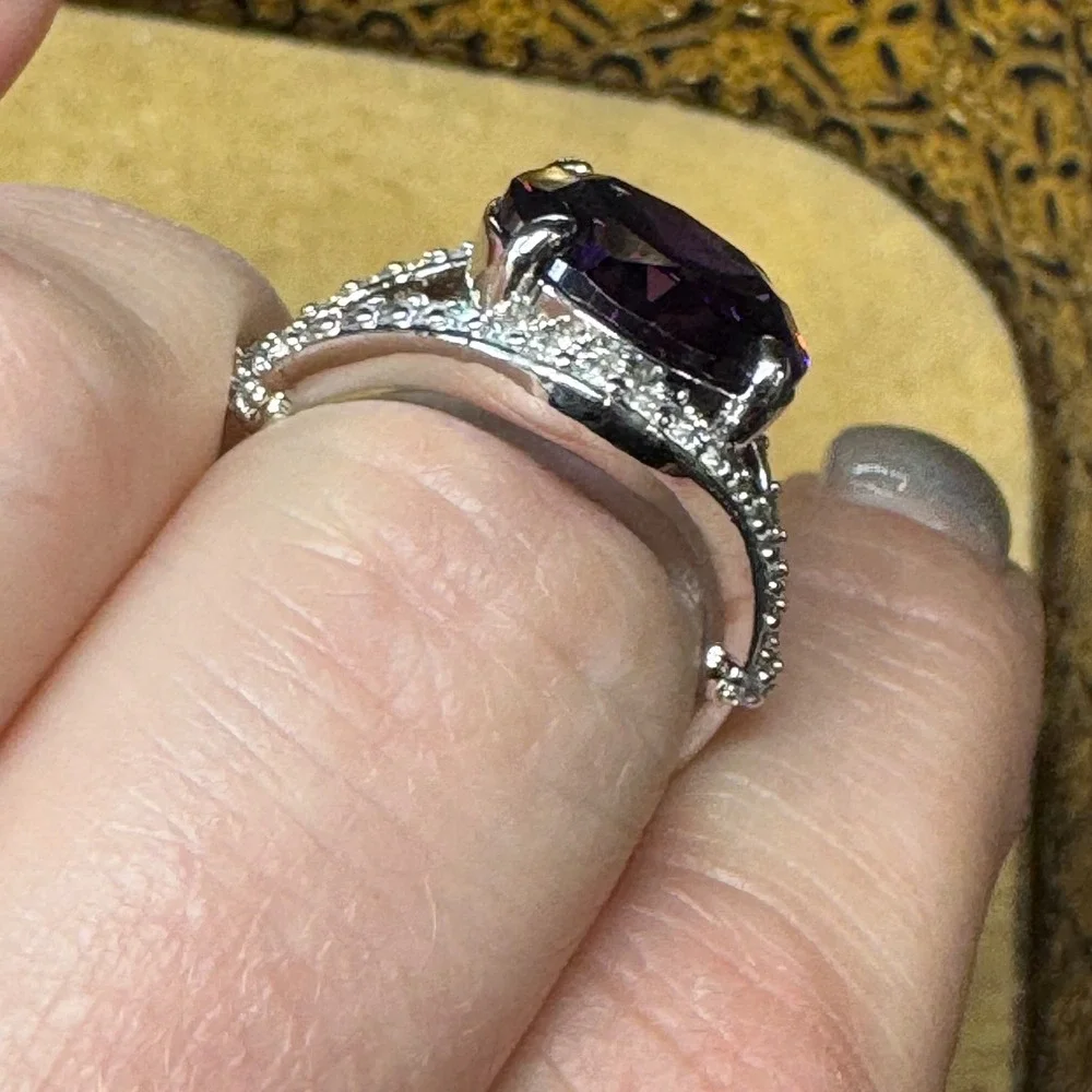 Bomb Party Purple Oval Cocktail‎ Ring Silver Tone Pave Accent Statement Size 7